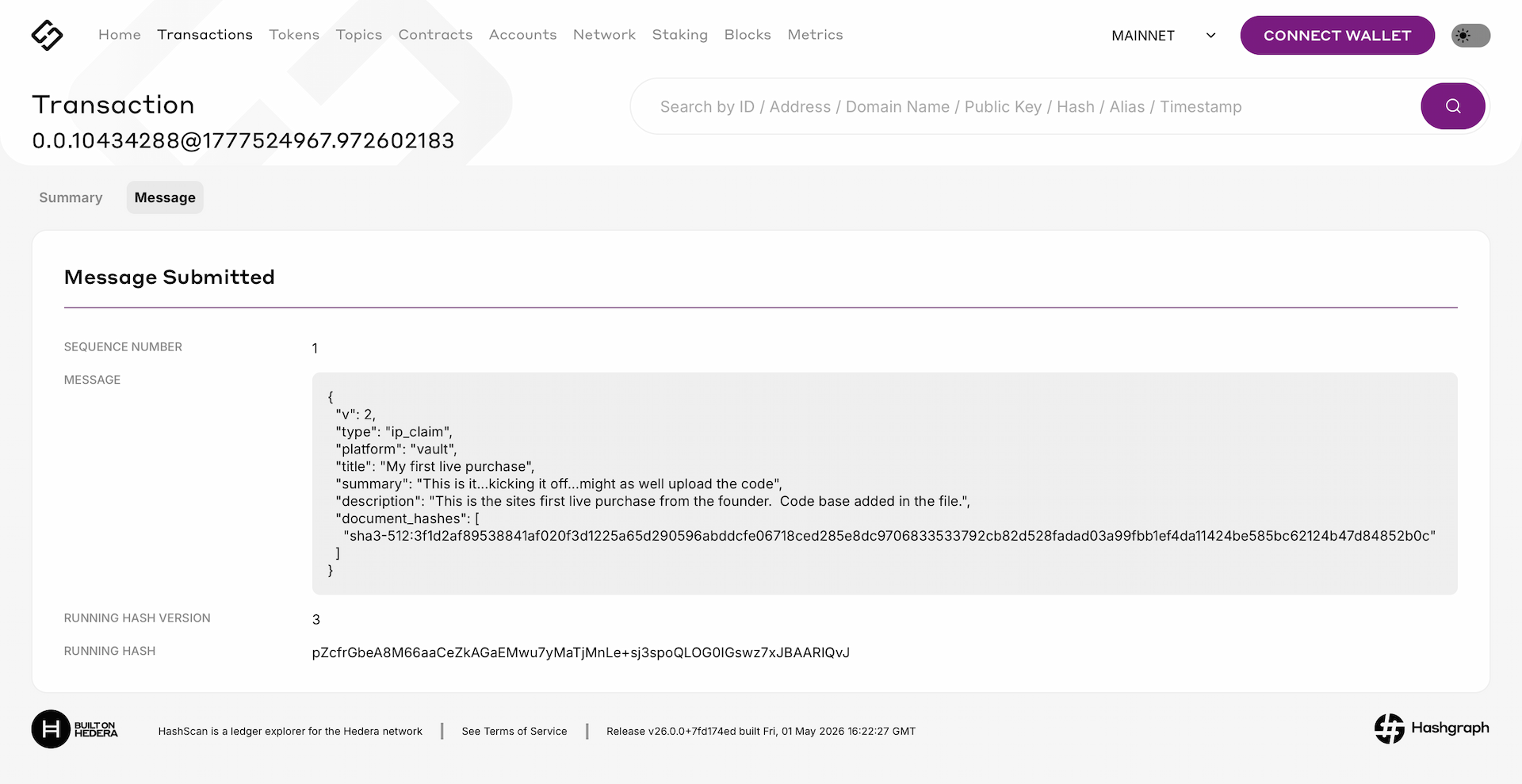 HashScan transaction record for a live PriorMark submission