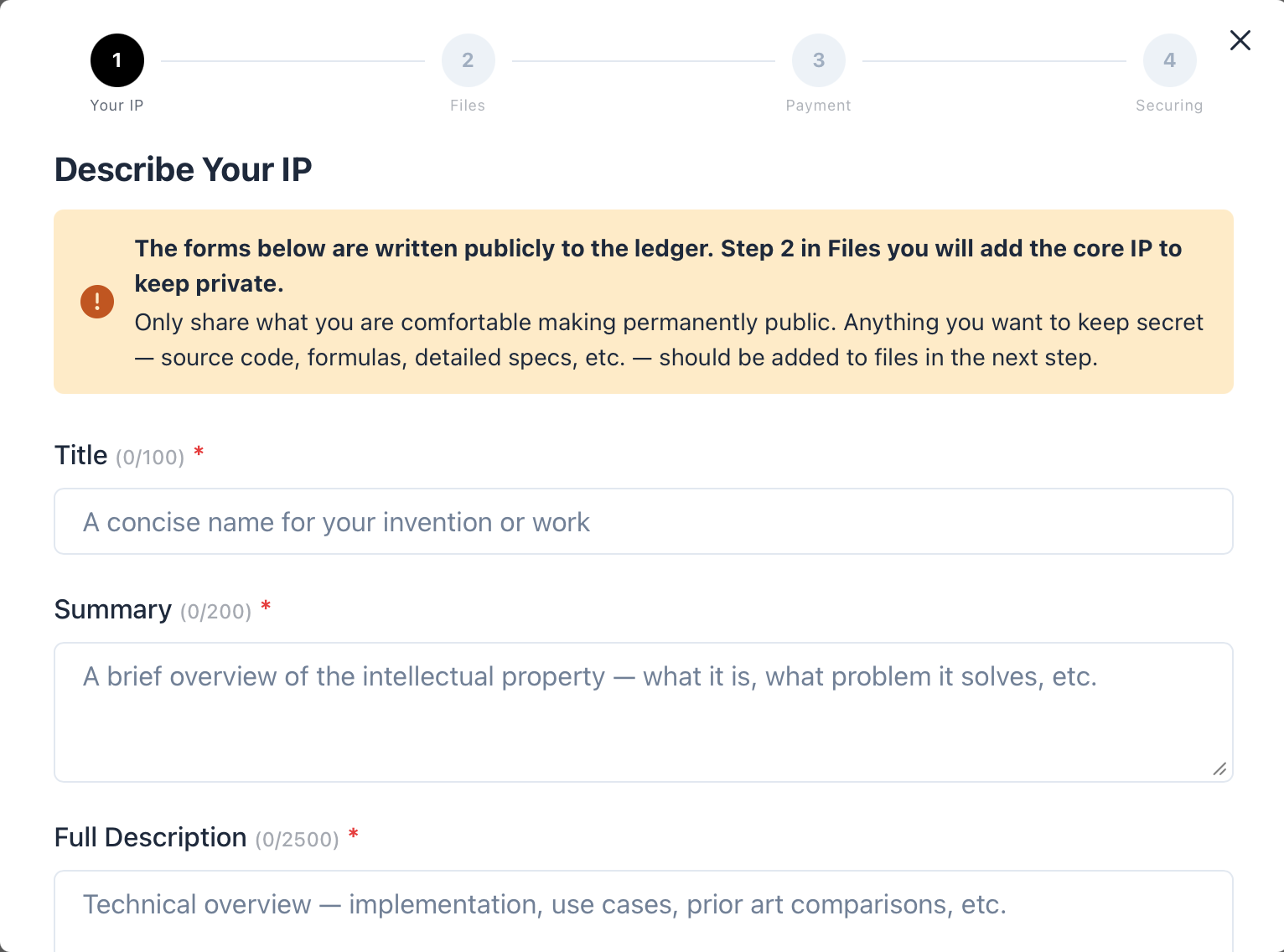 PriorMark submission form — title, summary, and description