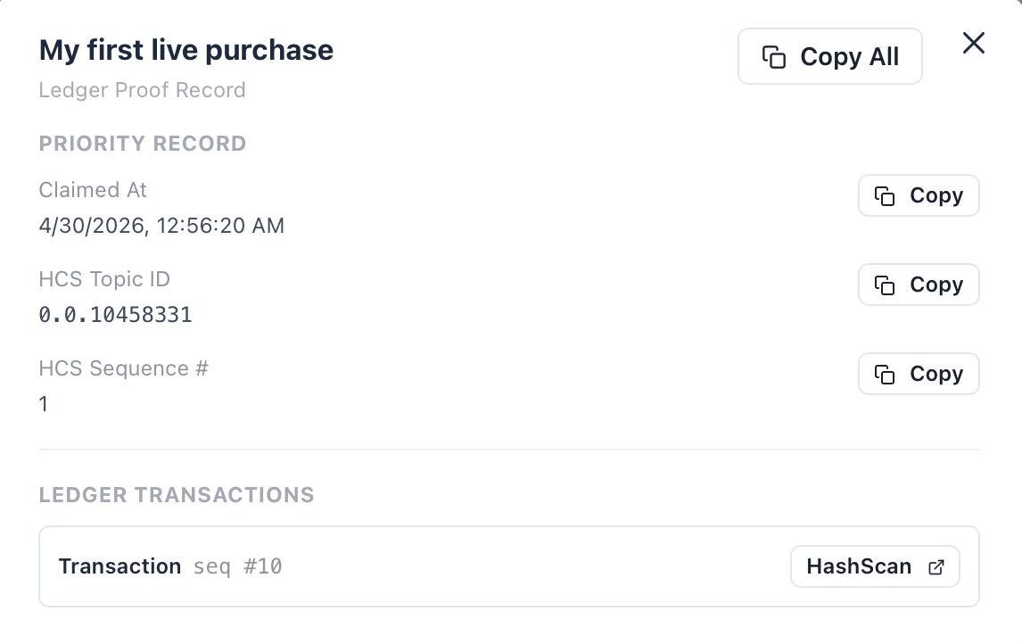 PriorMark submission card — claim ID, timestamp, and ledger link